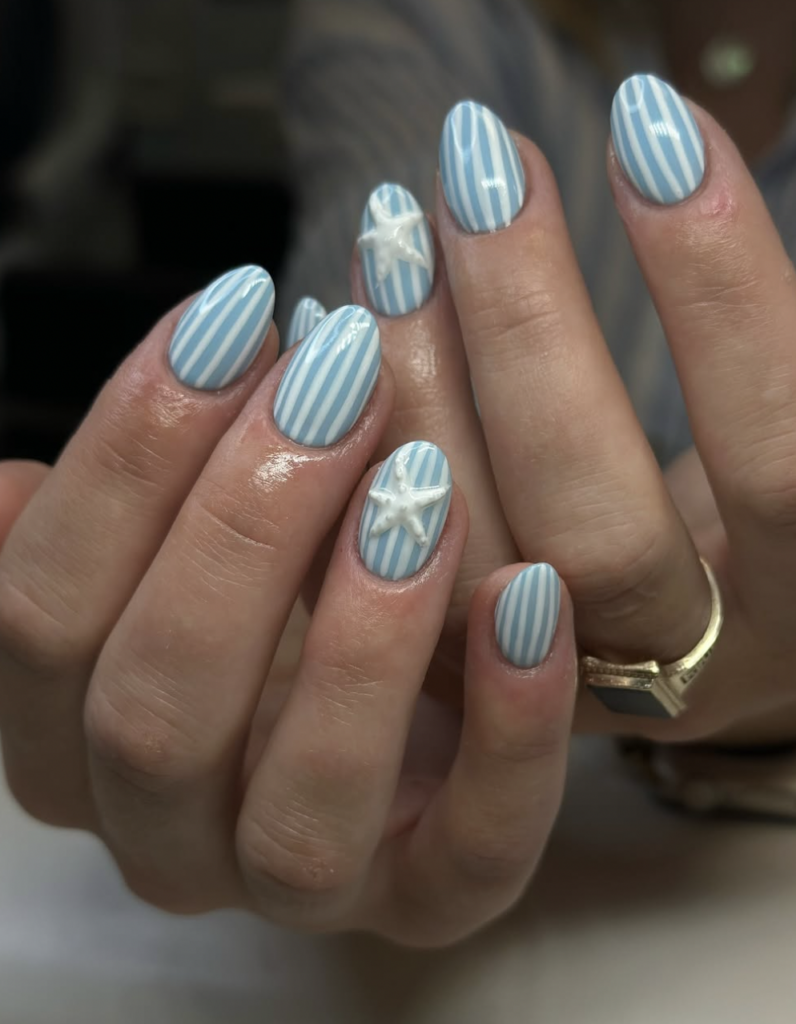 Blue Stripes Starfish Beach Nails