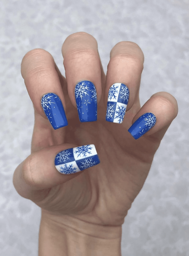 Checkered Blue Snowflake Nails