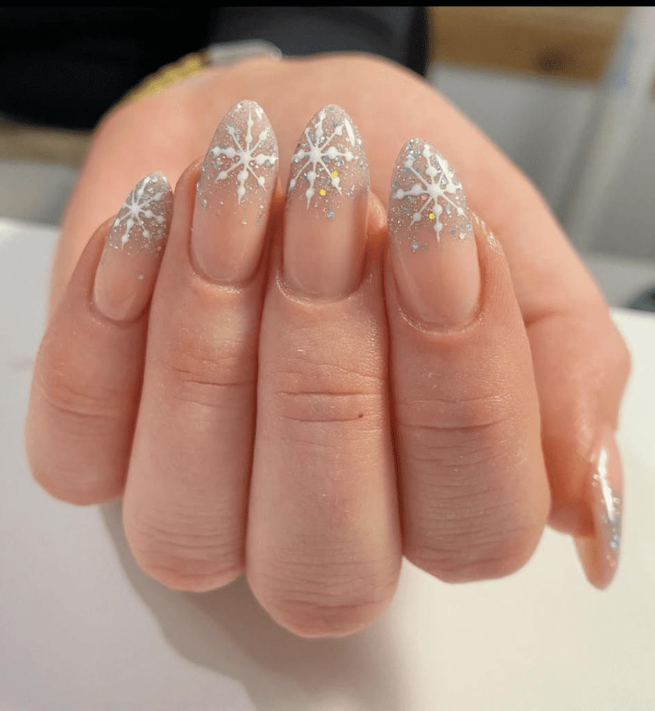 Glittery Snowflake Tips Winter Nails