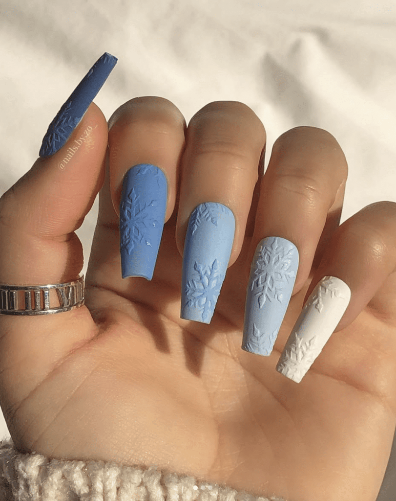 Matte Blue Snowflake Nails