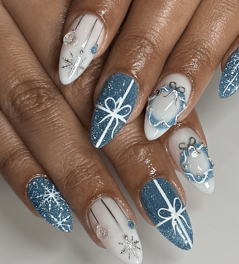 Snowflake Ribbon Winter Nails