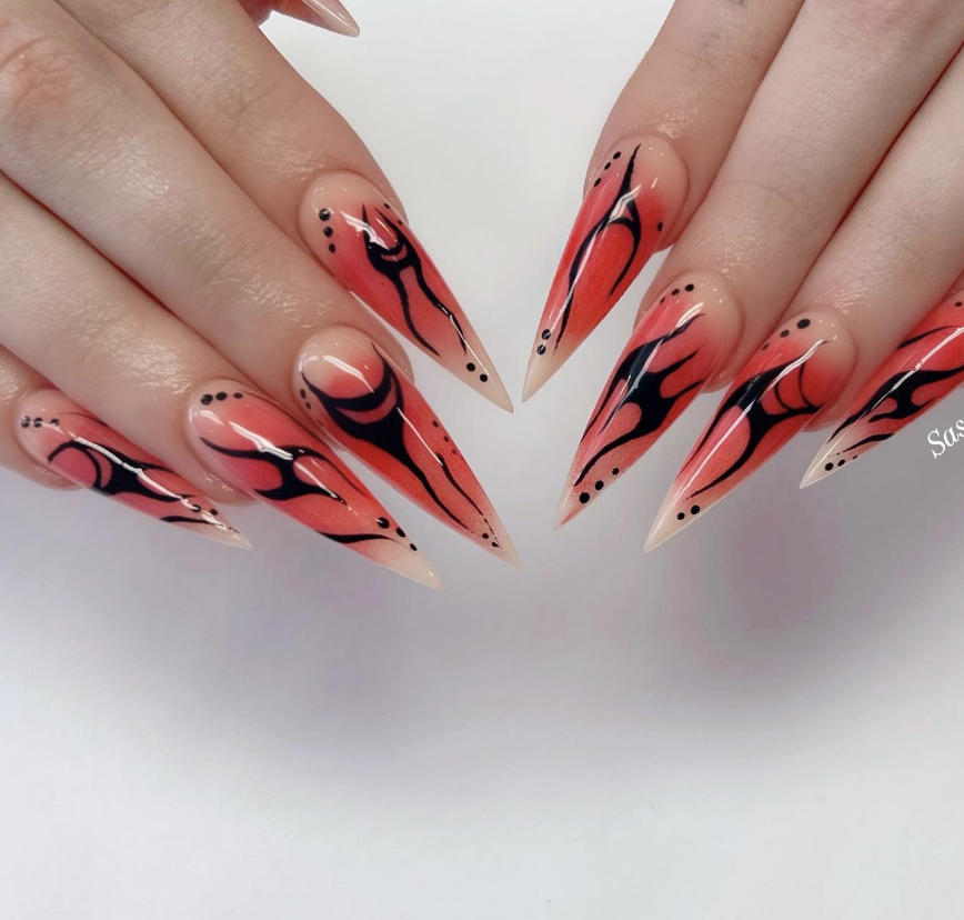 Edgy Black And Red Stiletto Nails